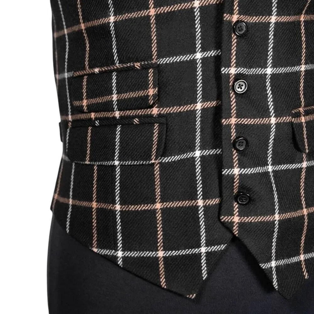Mens Waistcoat Suit Lapel Vest 40R Black Beige Plaid Check Wool Formal Wedding